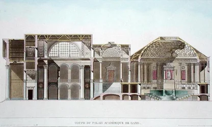 Querschnitt des Palais Academique in Gent, aus Choix des Monuments, Edifices et Maisons les plus remarquables du Royaume des Pays-Bas von Pierre Jacques Goetghebuer, graviert von L. Roelandt, veröffentlicht